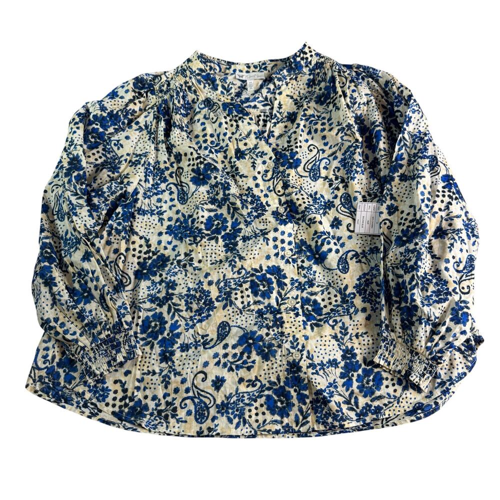 Jessica Simpson 1X Blue Floral Paisley Blouse Boho Peasant Top NWOT